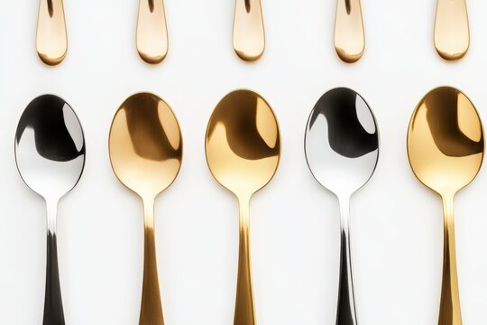 Shiny metal spoons on a white surface viewed from above
