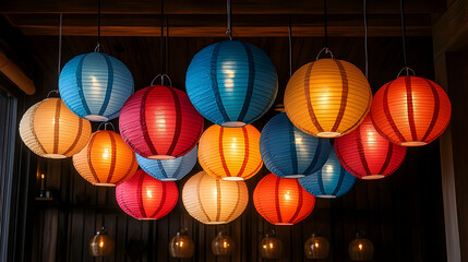 Colorful paper lanterns illuminate a restaurant's interior, creating a warm ambiance