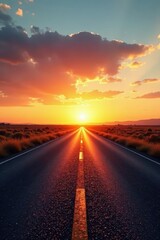 Golden hour light bathes empty asphalt road, sunrise colors paint the sky , sky, morning
