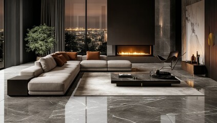A living room with an open-space layout, featuring light-colored wooden flooring and beige walls.