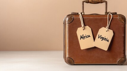 Vintage suitcase with travel tags showing destinations Africa and Virginia