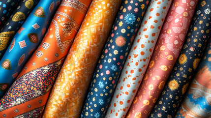 Colorful patterned silk fabrics rolled, textile design, studio shot, background blur, fashion industry