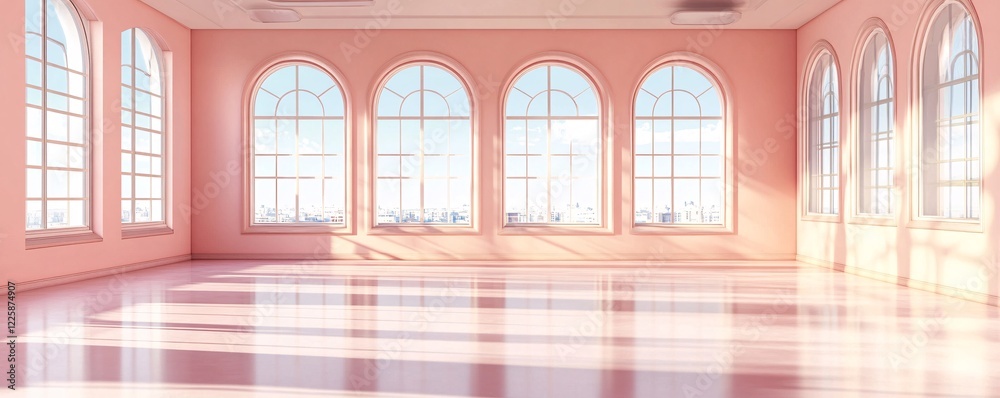 Poster sunlight flooding spacious empty room with arched windows