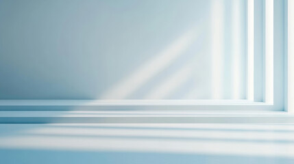 Soft light illuminating a minimalist blue abstract empty room with blurred gradient transitions, perfect for backgrounds and product presentations, creating a tranquil and modern atmosphere