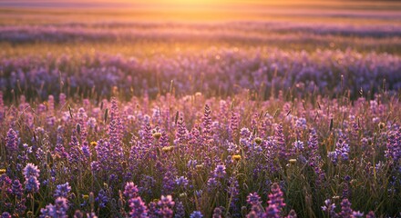 Fototapeta premium Sunset Lupine Field Landscape Golden Hour Photography