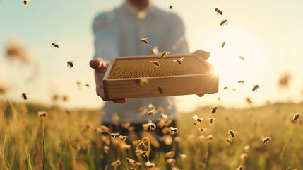 Beekeeper holding wooden honeycomb frame with flying bees surrounding it in a field at sunset, showcasing the harmony between humans and nature in sustainable beekeeping practices