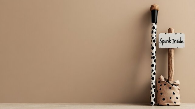Polka-dot patterned wrapped wooden baseball bats with "Spunk Inside" text sign