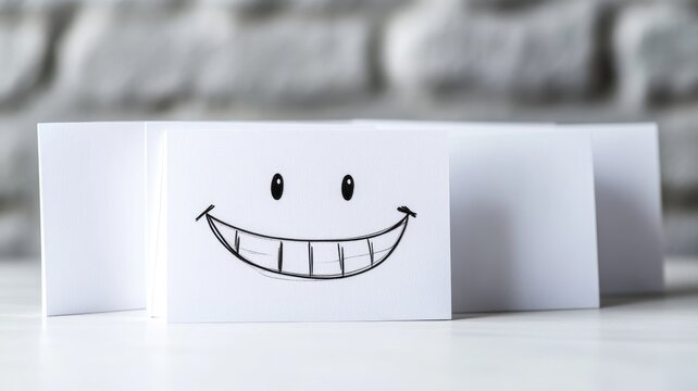 Hand-drawn smiling face on white paper against blurred background