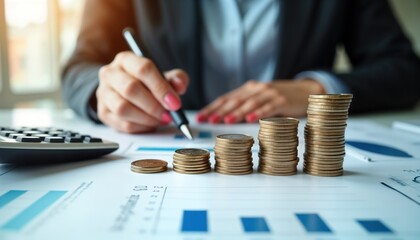 Businesswoman analyzes financial reports. Stacks of coins show budget growth. Financial planning, project management concept. Business strategy, plan. Cost control, optimization. Investment