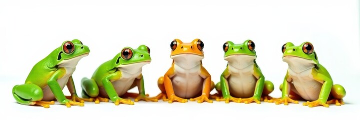 Naklejka premium Group of green frogs on seamless white backdrop , stock, image