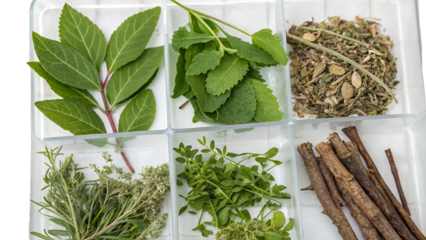  Ayurvedic Wellness Herbs Including Tulsi, Neem, Brahmi, Ashwagandha, and Shatavari for Holistic Healing on Transparent Background