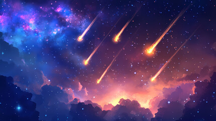Flaming meteoroids in space. Heavenly Falls. Illustration
