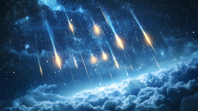 Flaming meteoroids in space. Heavenly Falls. Illustration