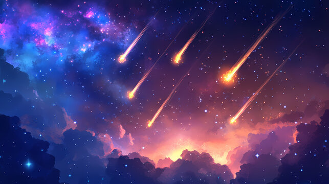 Flaming meteoroids in space. Heavenly Falls. Illustration