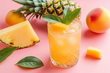 Fototapeta premium Summer themed pink background featuring a cocktail set alongside pineapple peaches and melon with soda