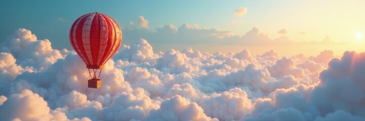 Fototapeta premium Intricate origami hot air balloon ascends through a field of origami clouds , photography, light