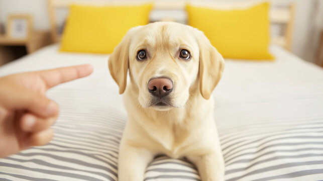 Wide angle view of a cute labrador retriever puppy lying on a striped bedspread while a person scolds it by pointing a finger, creating a humorous scene of pet discipline