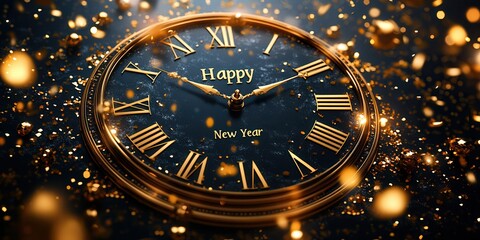 Festive Gold Clock with "Happy New Year" Surrounded by Sparkles