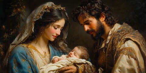 Artistic Depiction of the Holy Family with Baby Jesus and Warm Lighting