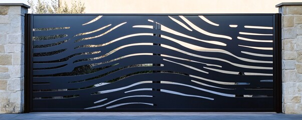 Modern black metal gate design with wavy pattern providing security and style