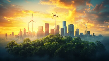 Eco concept. City of future. Solar energy town, wind energy. Save the planet concept. Earth Day.