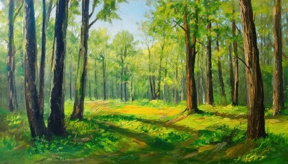 Fototapeta premium Vivid Summers Glow Illuminates Lush Deciduous Forest, Capturing the Serene Beauty and Tranquility of a Sunlit Woodland Retreat