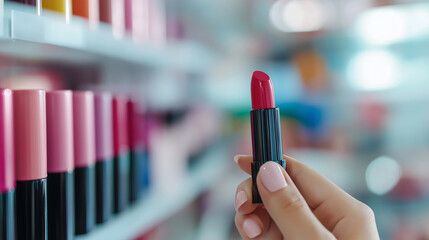 Woman's hand showcasing a flawless pink manicure while holding a vibrant berry lipstick, surrounded by an array of colorful cosmetic products in a beauty store