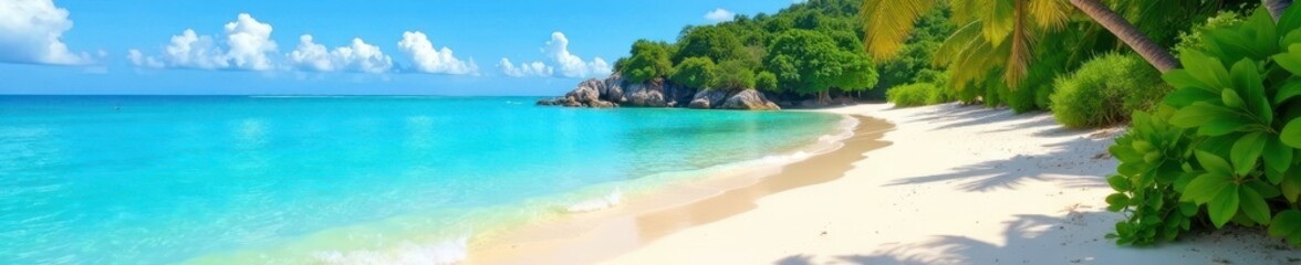 Fototapeta premium Lush vegetation meets pristine sandy beach, crystal clear water , green, shore