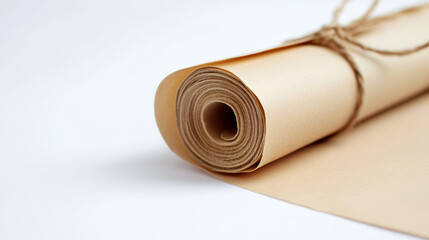 Antique manuscript scroll bound with twine resting on pristine white surface, showing weathered texture and offering clean minimalist background for design elements