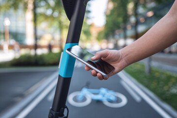 Urban Mobility Solution. A person uses a smartphone to unlock an electric scooter, ready for a ride in the city. The image captures modern urban transportation and technology integration.