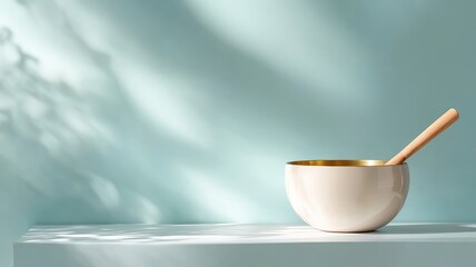 Minimalist arrangement featuring bowl with ladle on white shelf against light blue background