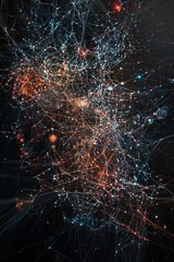 Lines and dots of orange and blue on black.