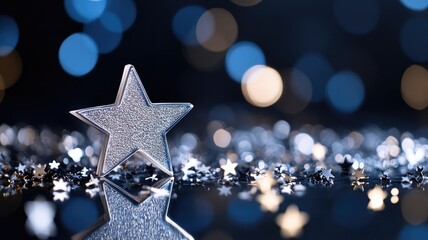 Silver star reflecting on sparkling surface with bokeh lights in background