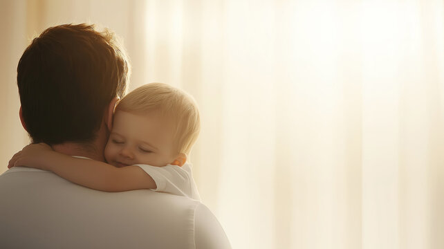 Toddler embracing father near sunlit window, sharing tender moment of familial connection and affection within soft, warm home environment