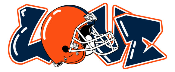 love - orange and navy blue football player helmet, sport vector graphics, hockey, for street art - graffiti lettering typography - art illustration - multicolor - writen	


