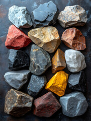 Colorful rocks arranged on dark surface, geology sample, texture background, for educational or design use