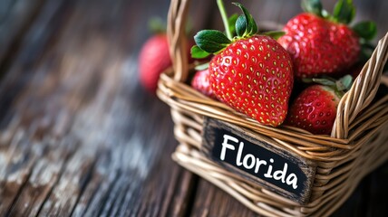 Fresh strawberries in a wicker basket with the word "Florida"