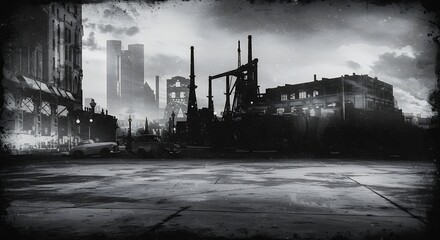 Obraz premium Dramatic Black and White Industrial Cityscape Photo
