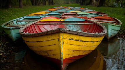 Obraz premium Colorful rowboats lined up by lake shore, autumn park background; ideal for travel, leisure