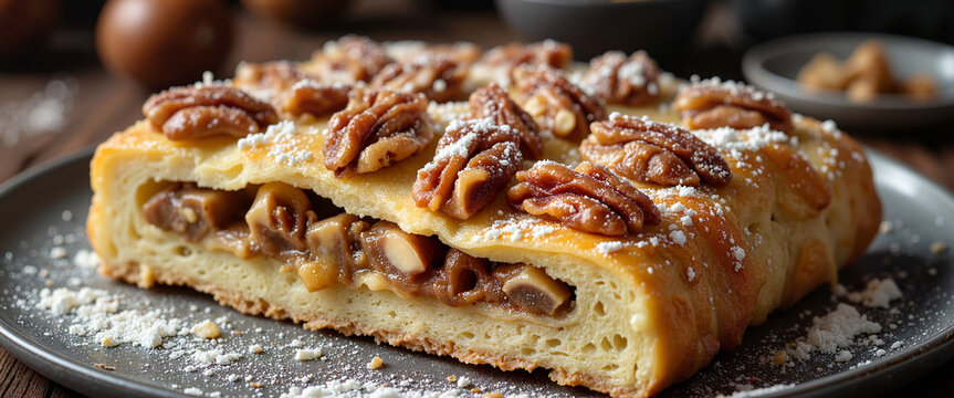 Traditional Swiss nusstorte on rustic plate, cozy kitchen ambiance