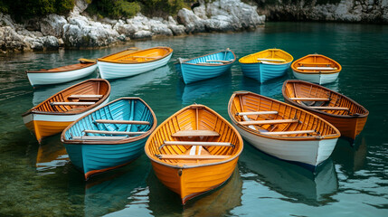 Obraz premium Colorful rowboats moored in a calm, rocky cove; tranquil waters, summer vacation