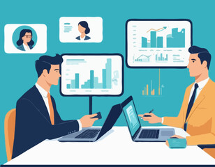set business flat vector illustration design cartoon character working action style concept. online video conference meeting. business planning. data analytics. finance investment.
