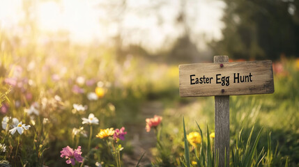 Wooden sign marking an Easter egg hunt nestled in a vibrant field filled with colorful flowers, basking in warm sunset light, creating a dreamy, blurred background