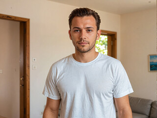 Obraz premium Retrato de un hombre de piel blanca con cabello corto de pie en el interior de una habitación vistiendo una camiseta blanca casual 