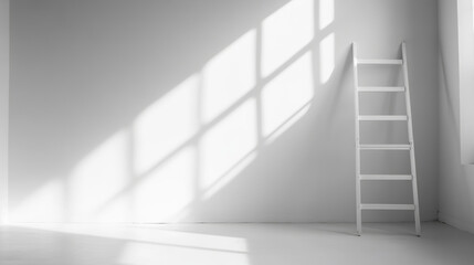 Fototapeta premium Minimalist high-key photo of a small white ladder leaning against a blank white wall with copyspace and window shadow in a bright empty room