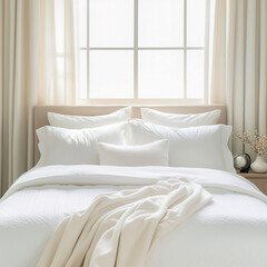 Bright white home bedroom interior, clean fresh white bed linen and pillows on bed, cozy morning room decor