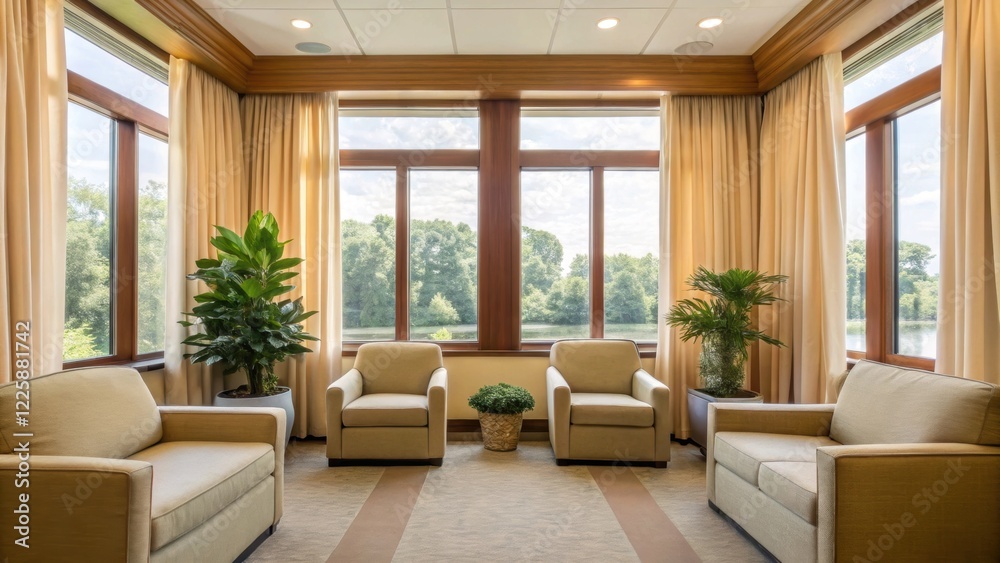 Poster a bright and airy waiting room featuring large windows that allow natural light to flood the space c