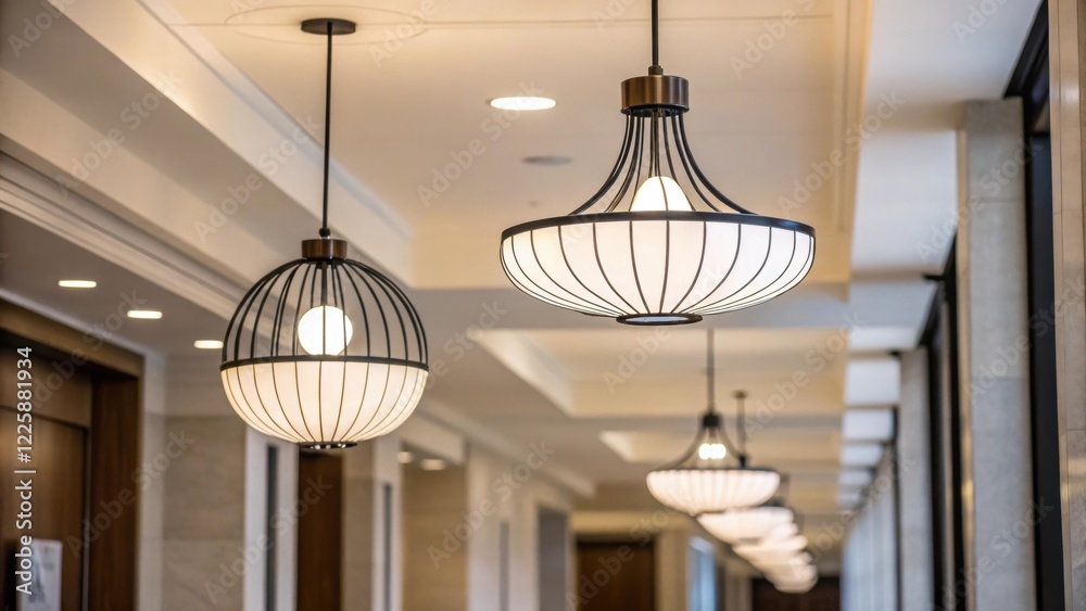 Poster A closeup image of modern light fixtures hanging from the ceiling in an updated corridor featuring a minimalist design that seamlessly blends with the overall decor.
