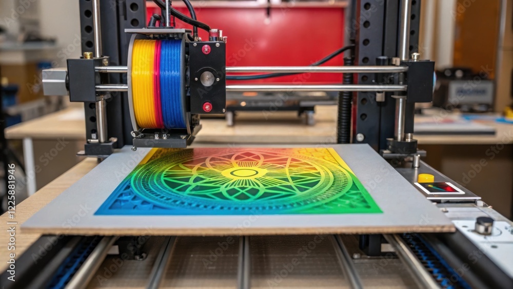 Aufkleber A closeup of a 3D printer extruding filament layer by layer with a vibrant colored design emerging on the build plate amid an organized workshop environment.