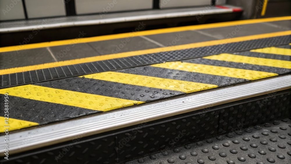 Poster A closeup image of textured warning strips on the edge of the platform focused on the contrast against the platform surface indicating where passengers should stop safely.
